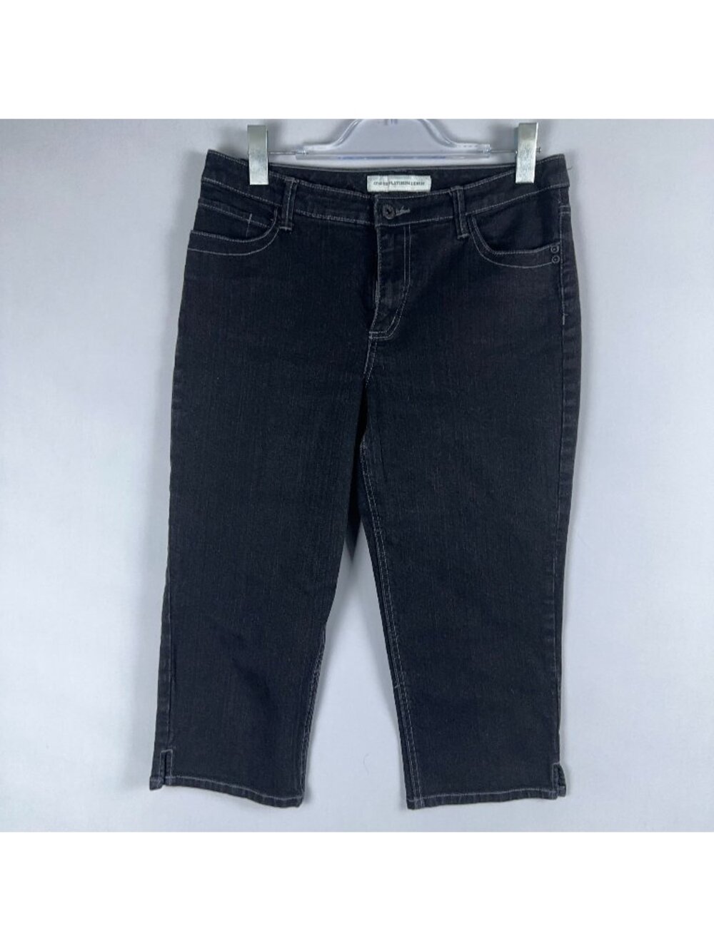 Chicos Platinum Denim Jeans Capri Size10 Black Dark Wash Small Side Slits Hem